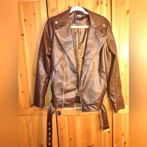 Mens Faux Lambskin Leather Jacket with Belt Detailing | Stylish Brown Bomber